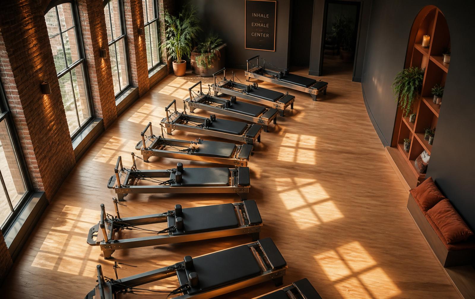 Row of reformer machines in a light-filled Pilates studio with exposed brick